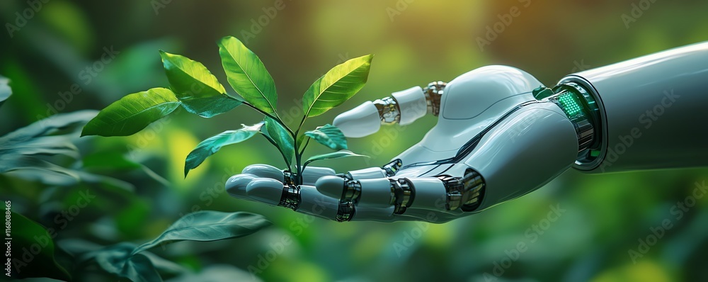 Sustainable development goals SDGs, robot hand holding plants ...