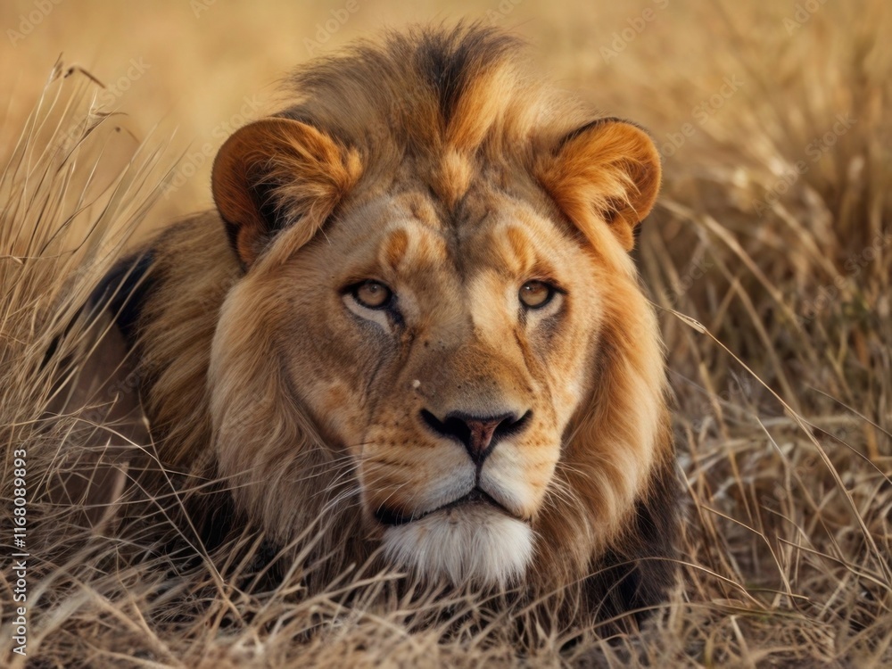 The king of the savannah, a lion among the grasses The king of the savannah, a lion among the grasses
