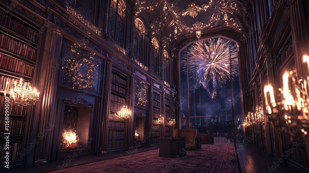 Midnight Revelry in an Elegant Library: New Year's Eve Celebrations with Fireworks Viewed Through Tall Windows Midnight Revelry in an Elegant Library: New Year's Eve Celebrations with Fireworks Viewed Through Tall Windows