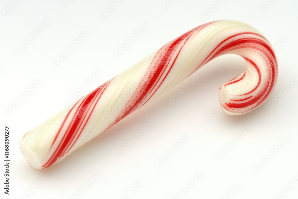 Fototapeta premium A classic red and white candy cane isolated on a white background, a festive treat.