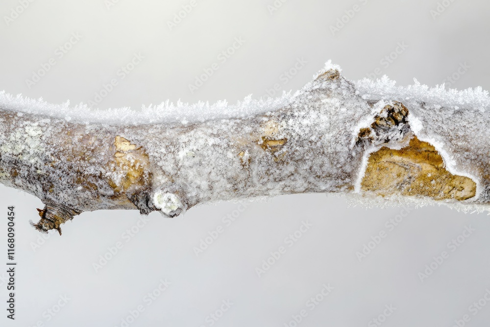 Close-up of a frost-covered tree branch, showcasing intricate ice crystals and textures. Close-up of a frost-covered tree branch, showcasing intricate ice crystals and textures.