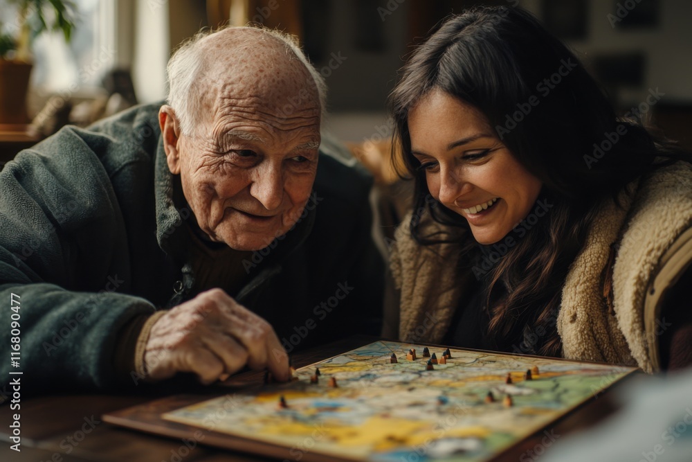 Fototapeta premium An elderly man in a wheelchair enjoys a heartwarming board game with a young woman, sharing laughter and creating cherished memories This image showcases intergenerational connection, family bonding