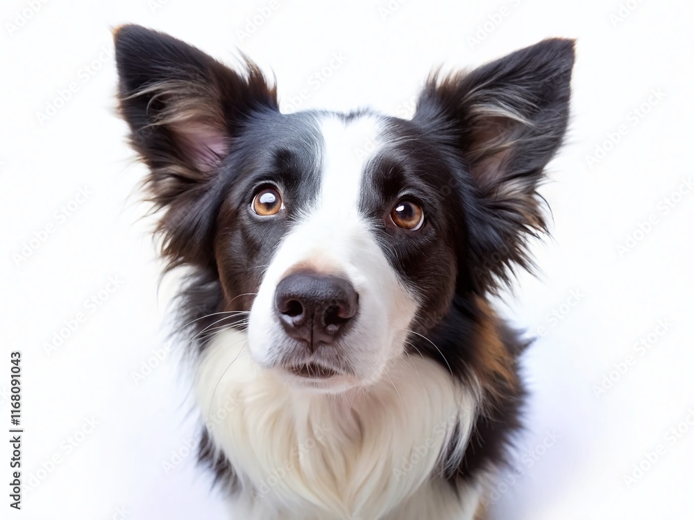 Adorable Border Collie Puppy Looking Up, Isolated on White Background - Stock Photo Adorable Border Collie Puppy Looking Up, Isolated on White Background - Stock Photo