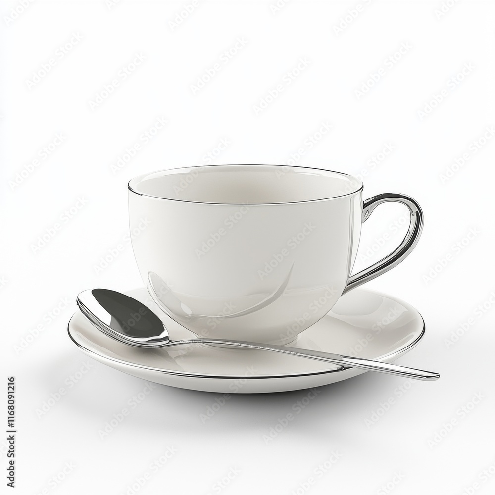 Elegant white cup and saucer with silver lining and teaspoon on a clean surface for refined dining experiences and stylish presentations Elegant white cup and saucer with silver lining and teaspoon on a clean surface for refined dining experiences and stylish presentations
