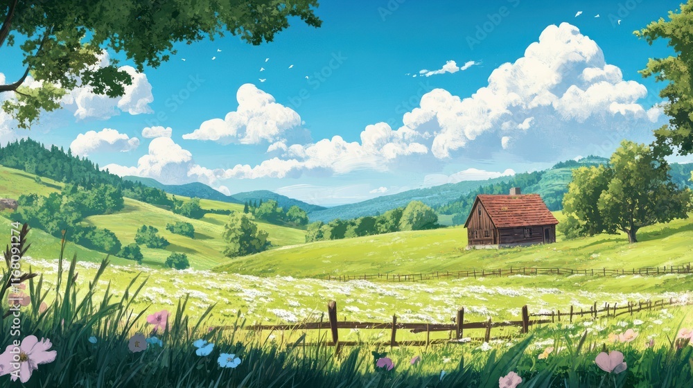 A picturesque spring countryside with rolling hills, scattered trees, and a single wooden cottage under a bright blue sky dotted with white clouds