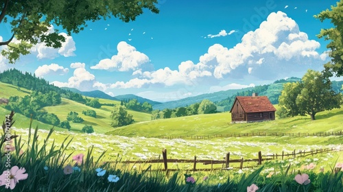 Obraz na płótnie A picturesque spring countryside with rolling hills, scattered trees, and a single wooden cottage under a bright blue sky dotted with white clouds w salonie