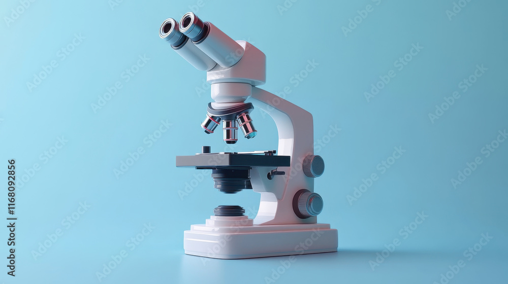 detailed 3D rendering of microscope showcasing its intricate design and features. microscope is set against soft blue background, emphasizing its modern aesthetic and functionality detailed 3D rendering of microscope showcasing its intricate design and features. microscope is set against soft blue background, emphasizing its modern aesthetic and functionality