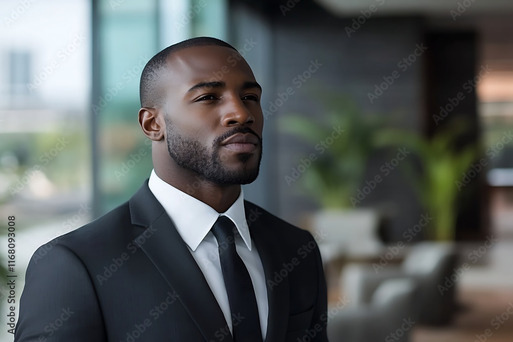 Young African American man in a modern office with blurred background elements of professional furniture Young African American man in a modern office with blurred background elements of professional furniture