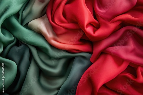 Draped fabric in shades of green and red, showcasing luxurious texture and color gradation.
