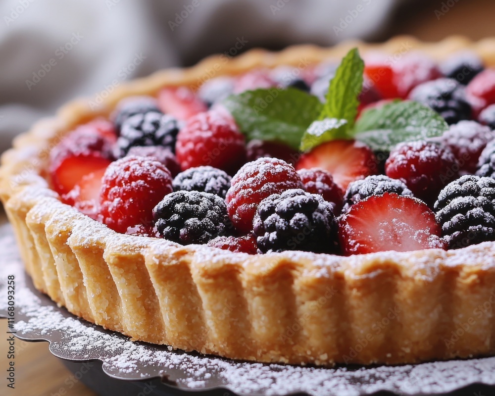 Close-up of a Delicious Golden-Brown Berry Tart with Powdered Sugar and Mint Garnish, Baked to Perfection in Soft Natural Lighting Close-up of a Delicious Golden-Brown Berry Tart with Powdered Sugar and Mint Garnish, Baked to Perfection in Soft Natural Lighting
