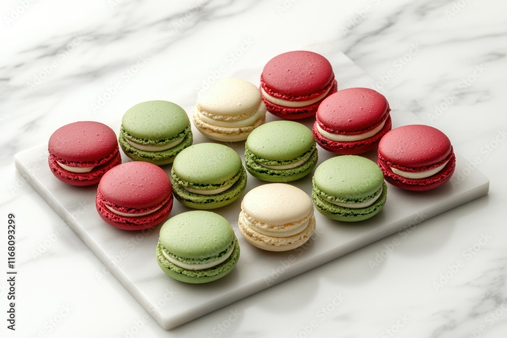 Obraz premium Assortment of colorful macarons arranged on a marble surface.