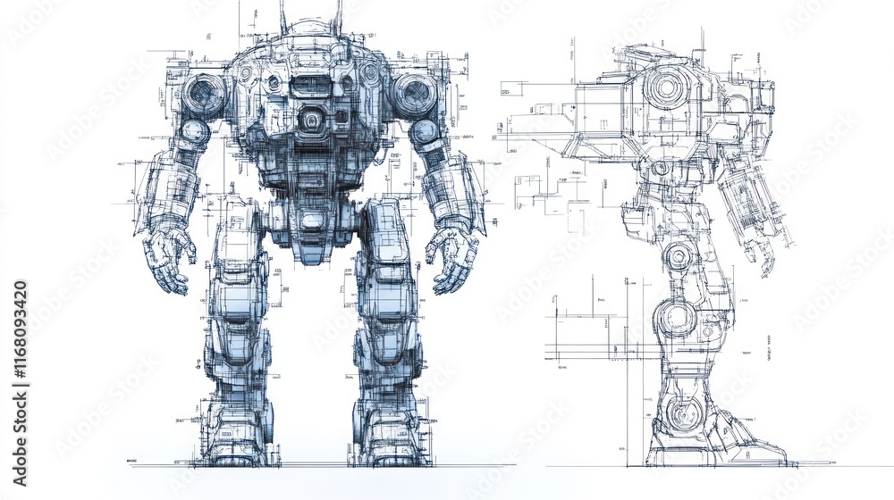Detailed blueprint of a futuristic robot showcasing front and side views. Detailed blueprint of a futuristic robot showcasing front and side views.