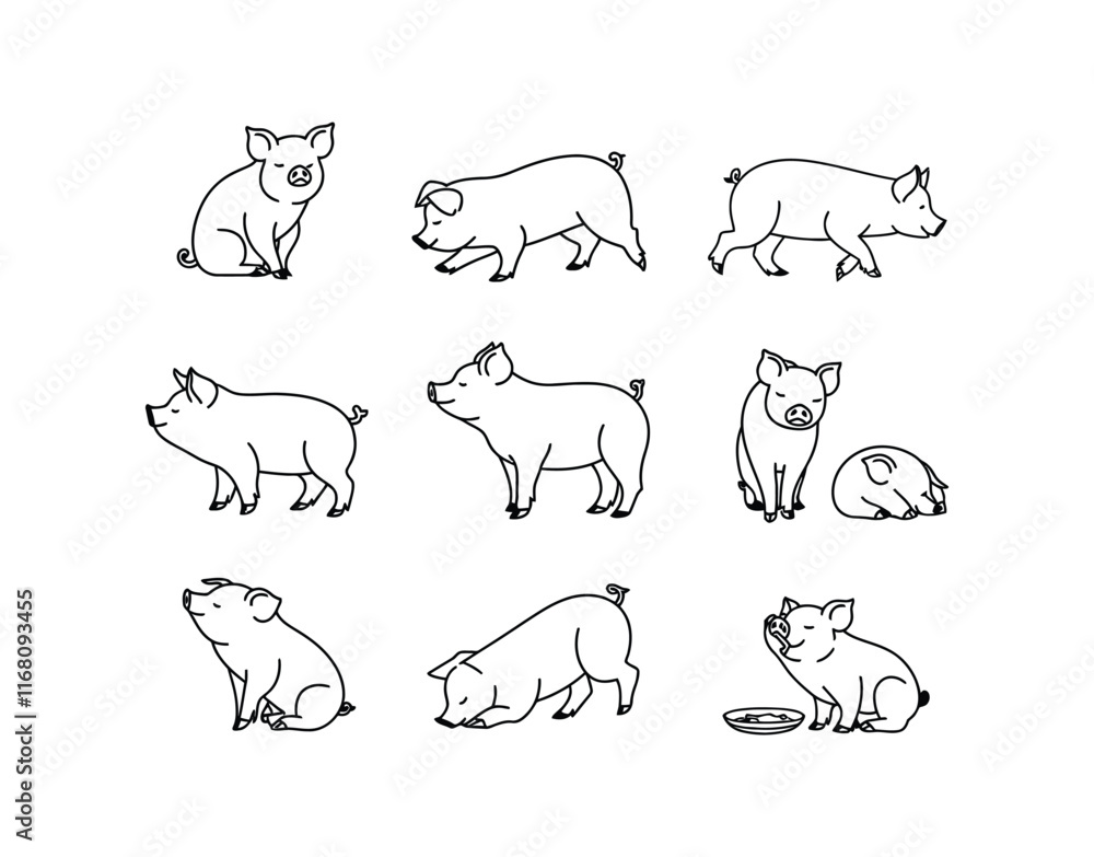 Fototapeta premium Minimalist Silhouette Collection Vector Template Teacup Pigs