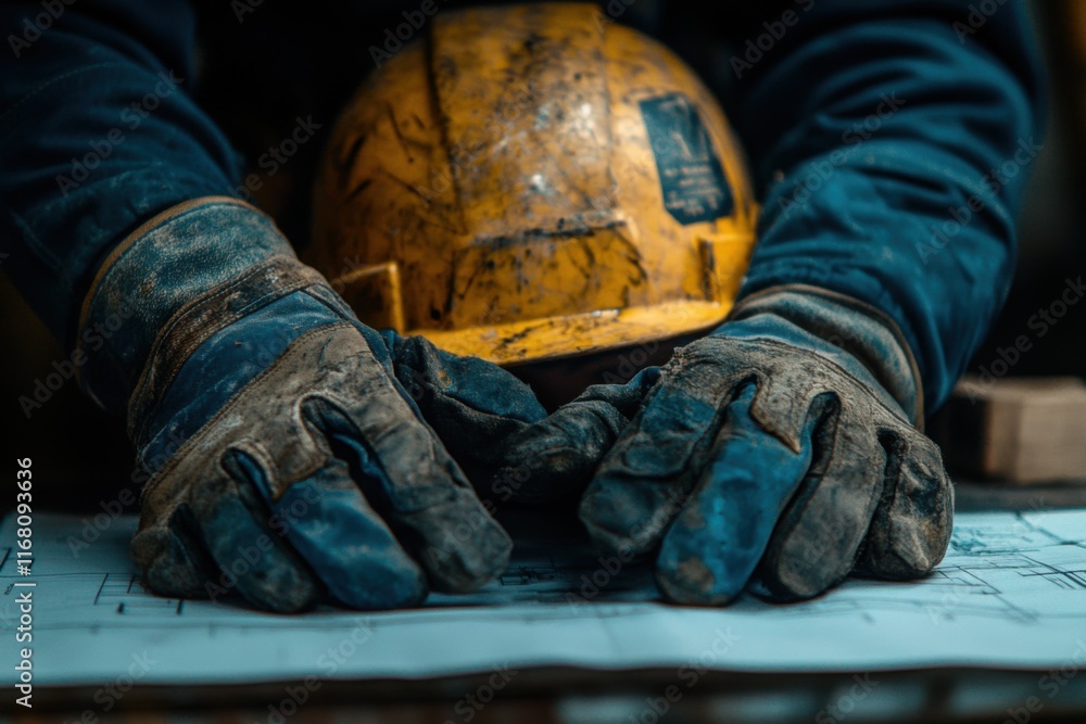 Closeup of a safety helmet and gloves resting on blueprints, signifying the importance of safety in the construction industry Workers wear safety gear to protect themselves from hazards on the job Closeup of a safety helmet and gloves resting on blueprints, signifying the importance of safety in the construction industry Workers wear safety gear to protect themselves from hazards on the job