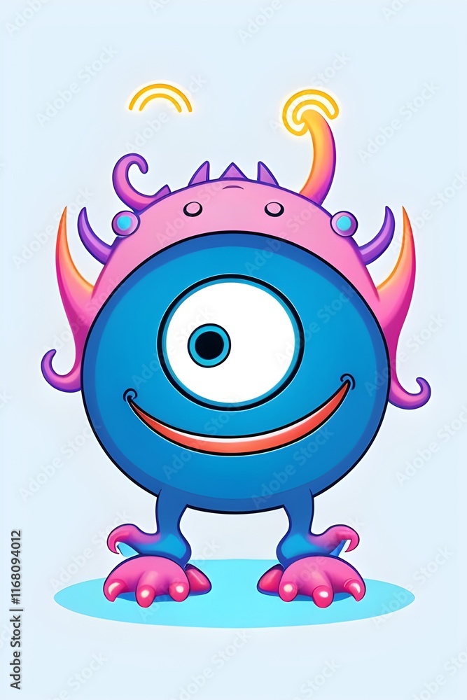 Naklejka premium Illustration, art, of a cartoon evil cyclops one eyed monster, bright neon colors, suitable for a t-shirt design, vector, bright, colorful, fantasy, creature, quirky, psychedelic, comic, graphic, bold