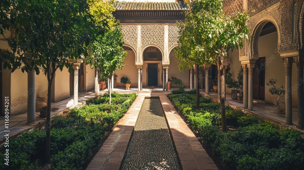 Naklejka premium Serene Courtyard Garden at Alhambra Palace, Granada, Spain