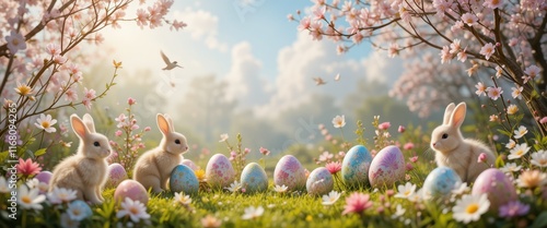 Easter background with bunnies and decorated eggs in a spring landscape, a charming and festive design, great for Easter themed or holiday cards.