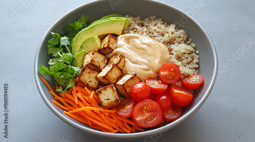 Tofu Quinoa Bowl: A vibrant and healthy meal featuring pan-fried tofu, quinoa, avocado, cherry tomatoes, shredded carrots, and a creamy sauce.   photo