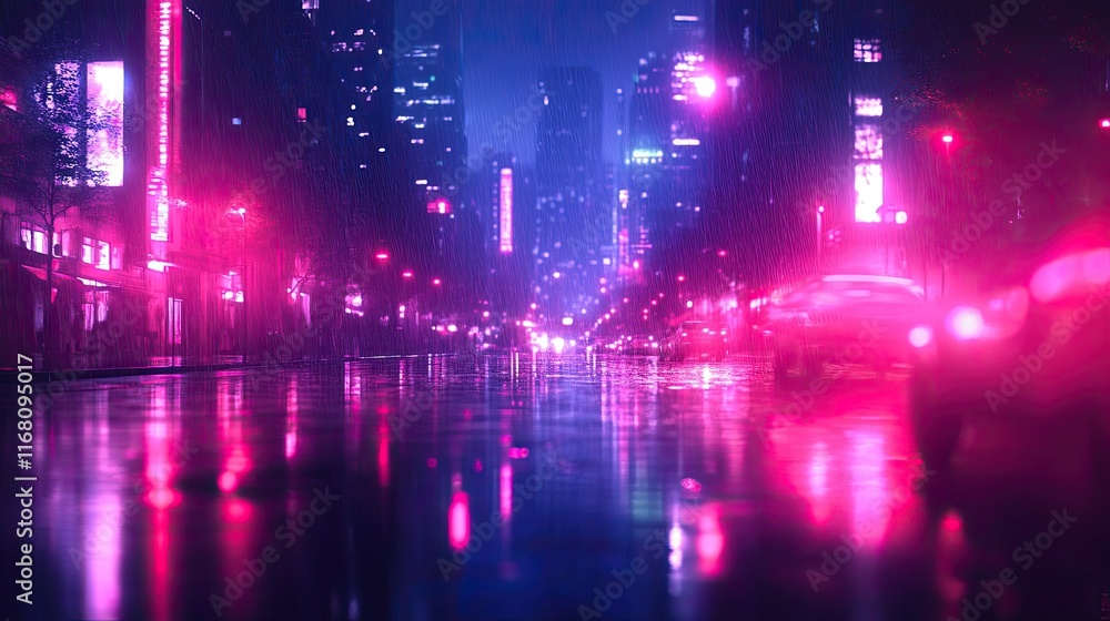 An abstract nighttime background with blurred bokeh with neon lights and reflections in a dark city street An abstract nighttime background with blurred bokeh with neon lights and reflections in a dark city street