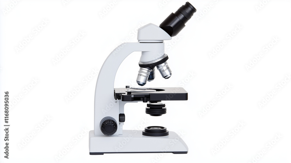 Exploring the Microcosm: A high-resolution close-up of a modern, white laboratory microscope, showcasing its intricate details and precision engineering. Perfect for scientific, educational. Exploring the Microcosm: A high-resolution close-up of a modern, white laboratory microscope, showcasing its intricate details and precision engineering. Perfect for scientific, educational.
