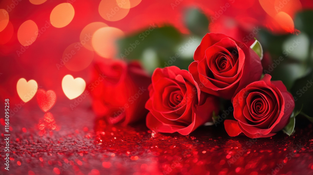 Roses on sparkling red background with heart bokeh create romantic atmosphere, perfect for Valentine Day celebrations and expressing love Roses on sparkling red background with heart bokeh create romantic atmosphere, perfect for Valentine Day celebrations and expressing love