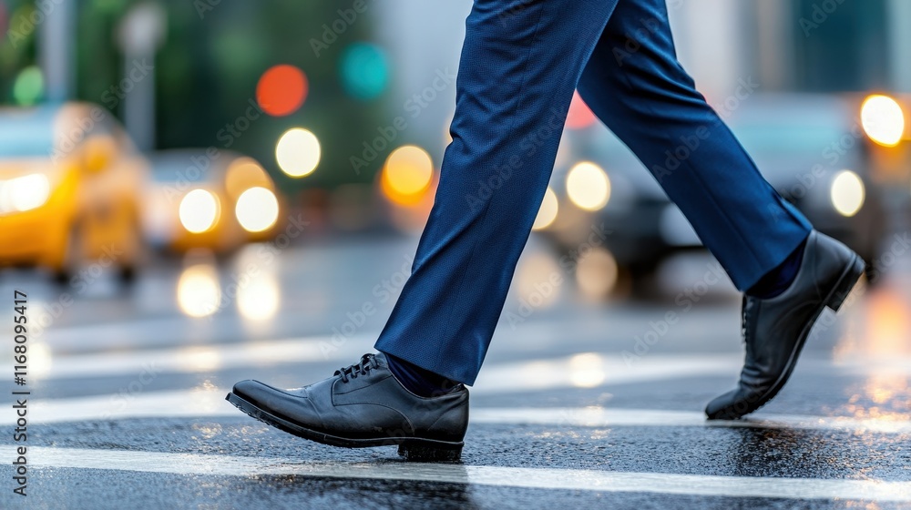 Fototapeta premium Close-up of a businessman’s legs crossing a wet city street with traffic and lights in the background.