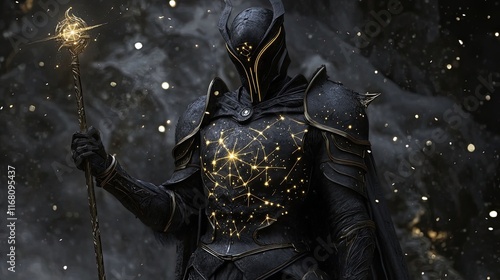 Celestial Knight Stands Holding Illuminated Staff