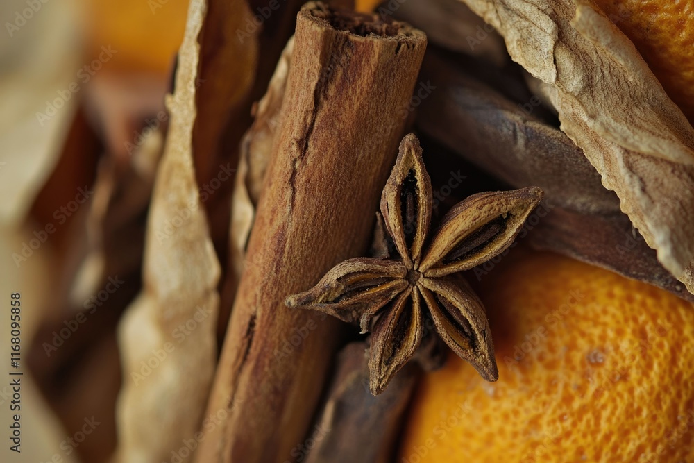 Close-up of cinnamon sticks, star anise, and dried orange peels, creating a warm, aromatic blend. Close-up of cinnamon sticks, star anise, and dried orange peels, creating a warm, aromatic blend.