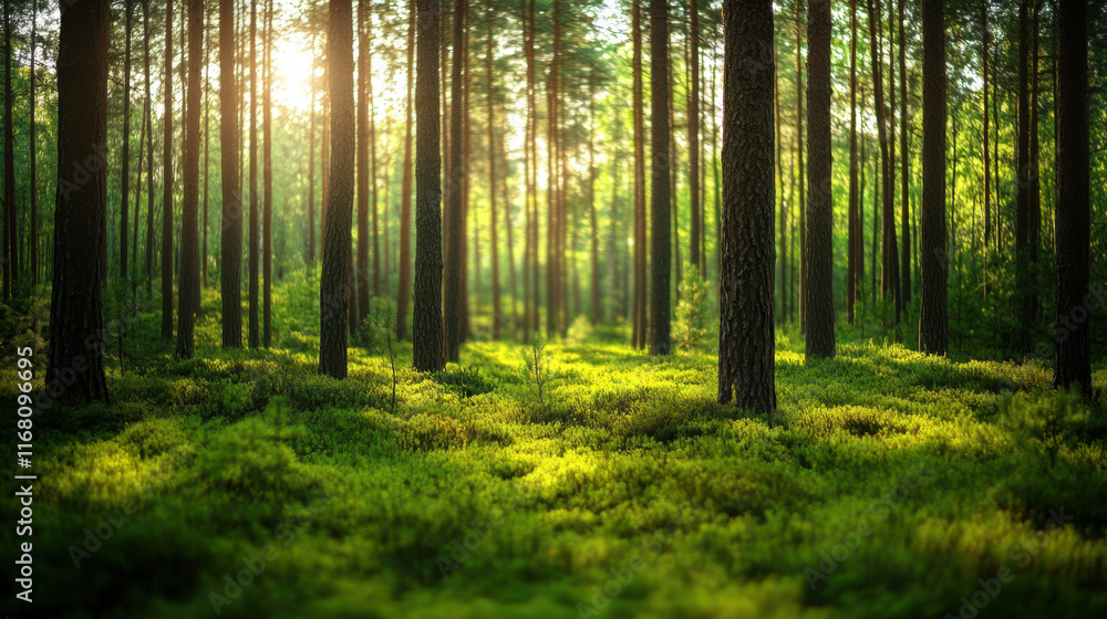 Obraz premium serene green forest with tall trees and soft sunlight filtering through leaves creates peaceful atmosphere. lush undergrowth adds to beauty of nature