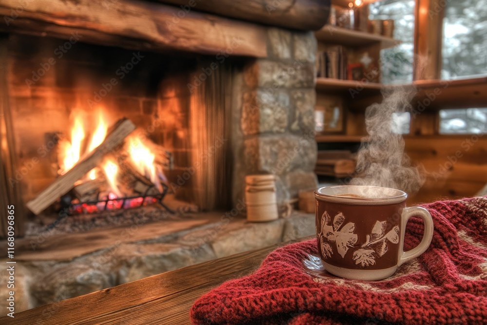 Warm beverage steaming in a rustic mug beside a crackling fireplace in a cozy cabin. Warm beverage steaming in a rustic mug beside a crackling fireplace in a cozy cabin.