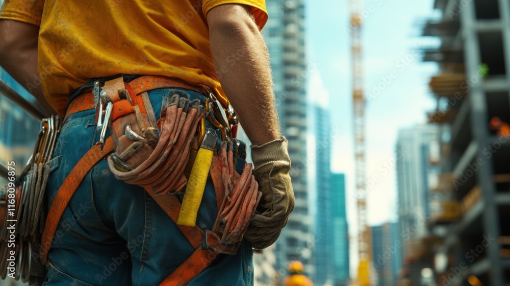 Obraz premium Construction Worker Adjusting Helmet Strap on Busy Job Site, Safety Gear, Hard Hat, Construction Safety, High Rise Building, Construction Industry, Building Site, Construction Worker, Safety
