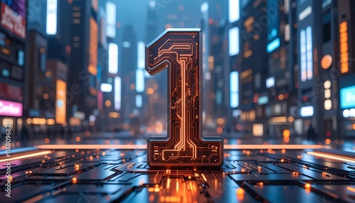 A large, futuristic number '1' made of electronic circuits and technological components, standing in the middle of a busy city street with tall buildings and neon lights in the background