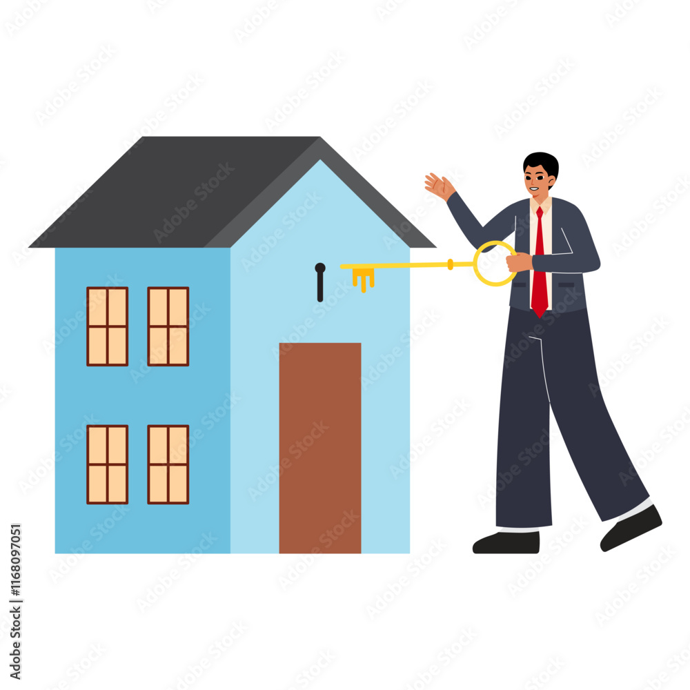 Real Estate Agent and Investment Man with Key and House Real Estate Agent and Investment Man with Key and House