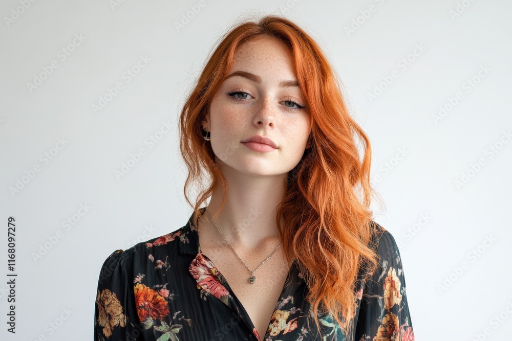 Portrait of a Confident Young Woman with Freckles and Red Hair in Floral Attire Portrait of a Confident Young Woman with Freckles and Red Hair in Floral Attire
