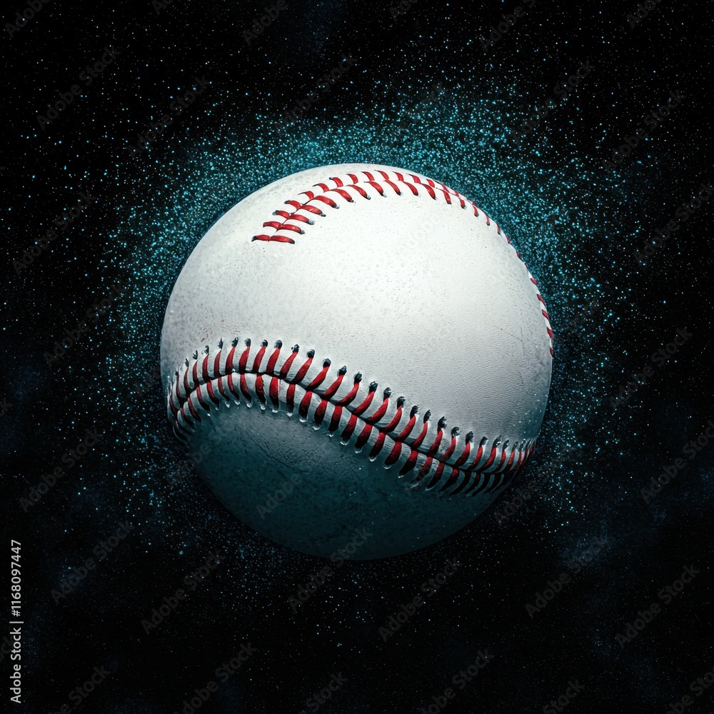 Baseball Surrounded by Glowing Particles Against Black Background Baseball Surrounded by Glowing Particles Against Black Background