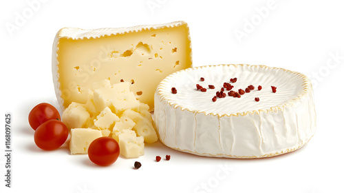 Artistic rendering of brie cheese with cubes and cherry tomatoes, showcasing texture and freshness