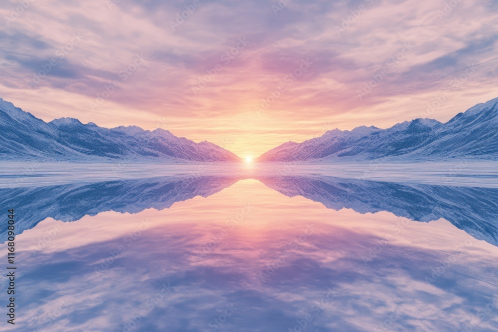 Serene winter sunset over snow-capped mountains reflected in a calm lake. Serene winter sunset over snow-capped mountains reflected in a calm lake.