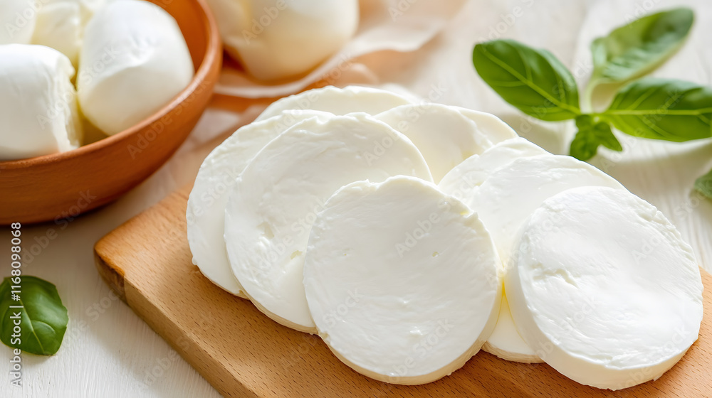 Freshly sliced mozzarella cheese on wooden board with basil leaves Freshly sliced mozzarella cheese on wooden board with basil leaves