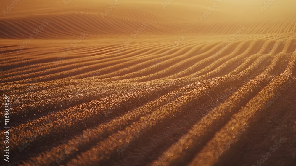 Naklejka premium Golden Wheat Field Rolling Hills Sunset Glow