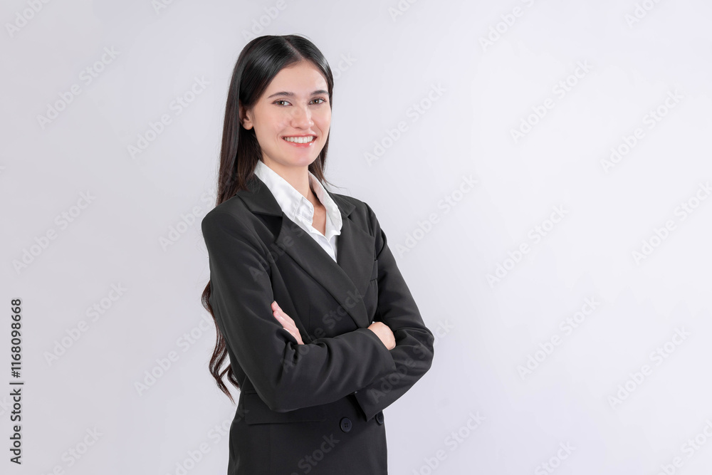 Asian business woman dressed in an elegant black suit, smiling brightly with her arms crossed, embodying professionalism, leadership, corporate success, and determination, isolated on gray background Asian business woman dressed in an elegant black suit, smiling brightly with her arms crossed, embodying professionalism, leadership, corporate success, and determination, isolated on gray background