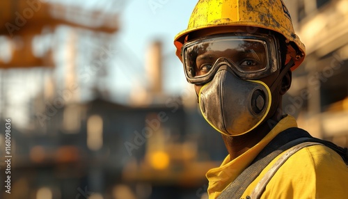 Construction Worker Wearing Safety Mask and Goggles Focus on Protective Gear and Equipment for Workplace Safety photo