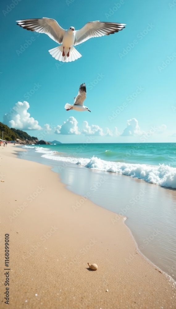 Seagulls flying overhead, sand beneath bare feet, sun-kissed beach scenery, sun, sand