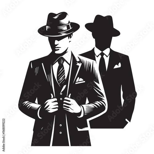 A man in a hat and a suit is standing in front of a vector silhouette