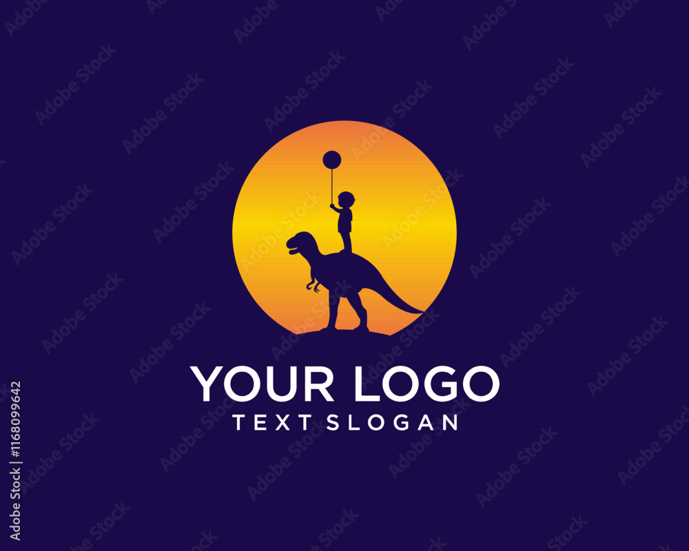 Moon silhouette logo and little boy riding a t rex dinosaur Moon silhouette logo and little boy riding a t rex dinosaur