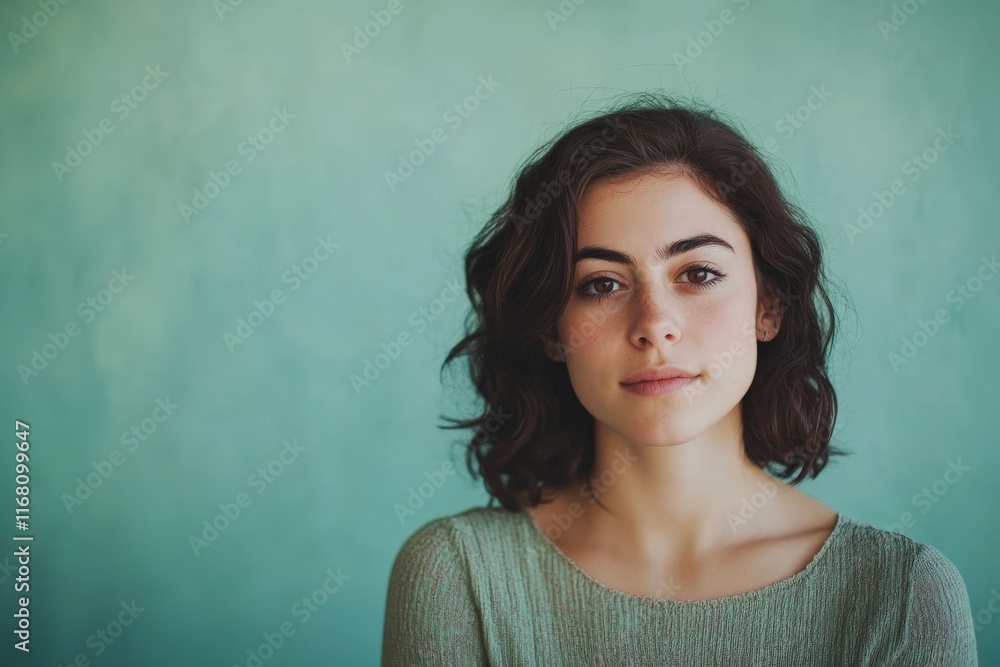 Portrait of a Young Woman with Natural Beauty Against a Soft Green Background Portrait of a Young Woman with Natural Beauty Against a Soft Green Background