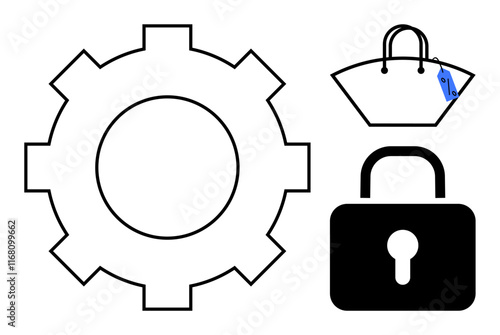 Gear representing settings, shopping bag with price tag, and lock symbolizing security. Ideal for configuration options, e-commerce, privacy protection, secure shopping, system settings, retail