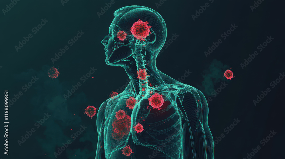 detailed illustration of human figure showing cancer cells spreading in body, highlighting impact of disease on health and anatomy detailed illustration of human figure showing cancer cells spreading in body, highlighting impact of disease on health and anatomy