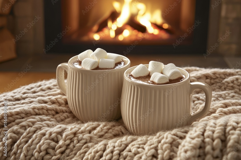 Two mugs of hot chocolate with marshmallows, cozy scene by fireplace. Two mugs of hot chocolate with marshmallows, cozy scene by fireplace.