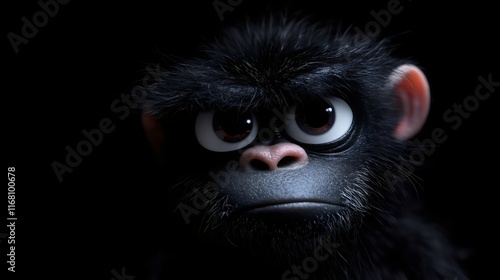 A close-up of a cartoon monkey face with big eyes and a serious expression against a dark background.