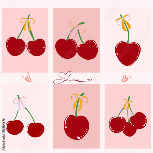 Cherry boarders, frame, posters. Handdrawn designs red cherries with bow ribbons, vector file